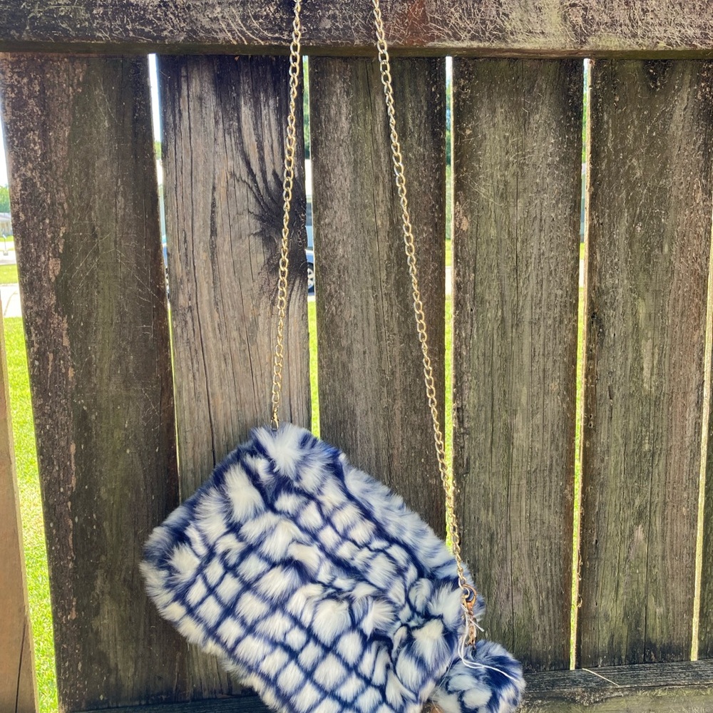Blue and White Faux Fur Crossbody Bag with Gold Chain - Picture 2 of 3